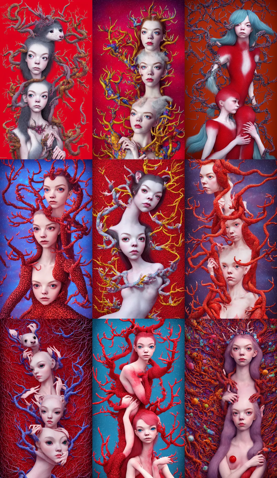 Prompt: hyper detailed 3d render like a Oil painting - kawaii full body portrait Aurora (a lithe beautiful ferret queen like skesis that looks like Anya Taylor-Joy with hooves and tiny antlers) seen red carpet photoshoot in UVIVF posing in scaly dress to Eat of the Strangling network of yellowcake aerochrome and milky Fruit and His delicate Hands hold of gossamer polyp blossoms bring iridescent fungal flowers whose spores black the foolish stars by Jacek Yerka, Ilya Kuvshinov, Mariusz Lewandowski, Houdini algorithmic generative render, Abstract brush strokes, Masterpiece, Edward Hopper and James Gilleard, Zdzislaw Beksinski, Mark Ryden, Wolfgang Lettl, hints of Yayoi Kasuma, octane render, 8k