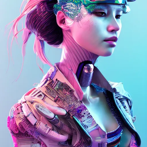 Prompt: the portrait of an absurdly beautiful, graceful, sophisticated, fashionable cyberpunk gravure idol, an ultrafine hyperdetailed illustration by kim jung gi, irakli nadar, hanna moon, leslie zhang intricate linework, bright colors, collage, porcelain skin, unreal engine 5 highly rendered, cgsociety, global illumination, radiant light, detailed and intricate environment