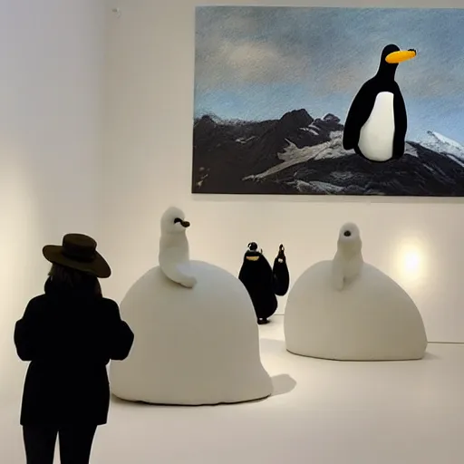 Prompt: pingu visits an art exhibition, sculptures, white gallery, igloo, contemporary art, photorealistic