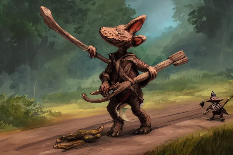 Prompt: a lone d & d kobold, traveling long dirt road, carrying a bindle on a stick, fantasy setting, 4 k, digital art 🎨🖌