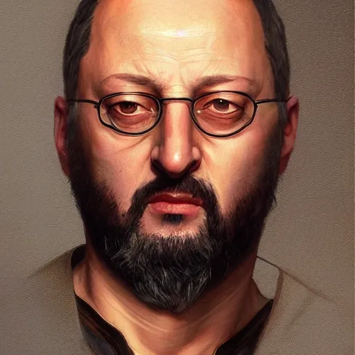 Image similar to Jean Reno, portrait, headshot, D&D, fantasy, highly detailed, digital painting, artstation, concept art, sharp focus, illustration, art by artgerm and greg rutkowski and alphonse mucha