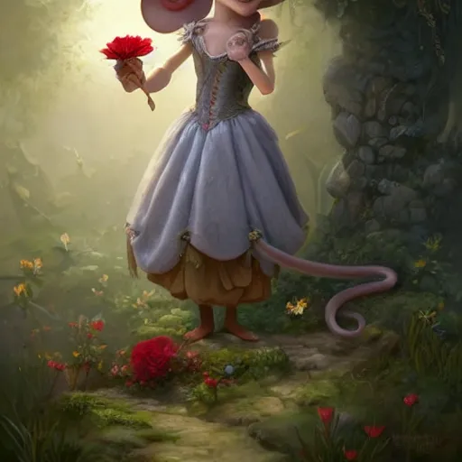 Image similar to an anthropomorphic mouse girl wearing a ball gown and holding a flower, garden, summer, 8k resolution matte fantasy painting, cinematic lighting, DeviantArt, Artstation, Jason Felix Steve Argyle Tyler Jacobson Peter Mohrbacher