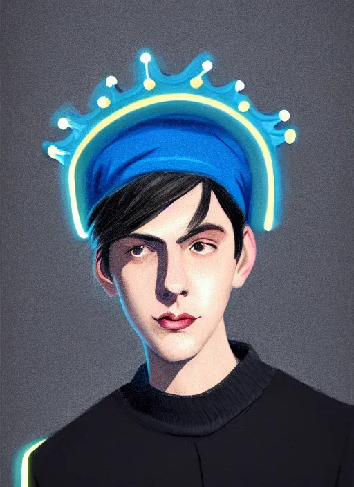 Image similar to portrait of teenage jughead jones wearing a light grey crown, crown, blue turtleneck, 1 9 5 0 s, closed eyes, photorealistic, black hair, glowing lighting, intricate, elegant, glowing lights, highly detailed, digital painting, artstation, concept art, smooth, sharp focus, illustration, art by wlop, mars ravelo and greg rutkowski