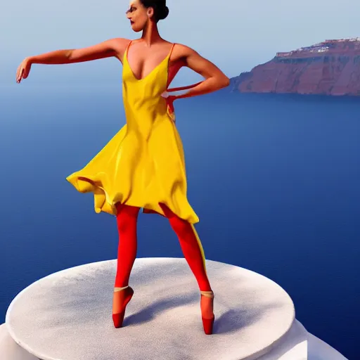 Prompt: beautiful contemporary dancer wearing a red, yellow, blue swirling dress, standing on a Santorini terrace looking down into the ocean, trending on artstation, cinematic, photorealistic