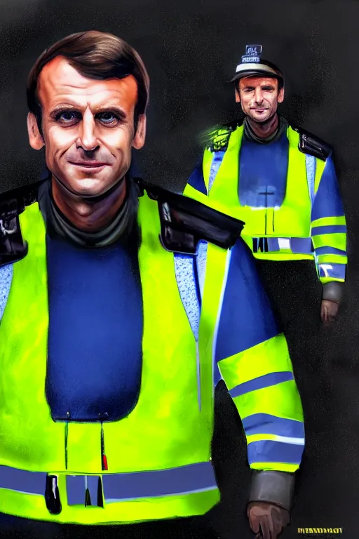 Prompt: emmanuel macron wearing a hivis police uniform, highly detailed, digital art, sharp focus, trending on art station