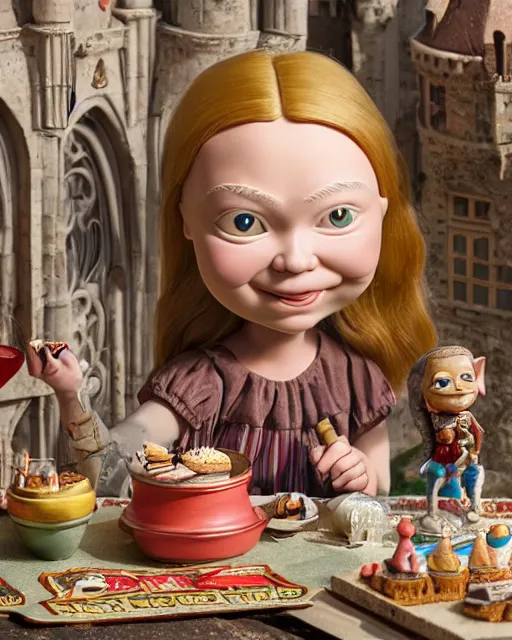 Image similar to highly detailed closeup, face profile portrait of a tin toy greta thunberg as a medieval goblin eating cakes in a castle, bikini, depth of field, nicoletta ceccoli, mark ryden, lostfish, dan decarlo, bob clampett, max fleischer, detailed and intricate environment, 8 k resolution, hyperrealistic, octane render