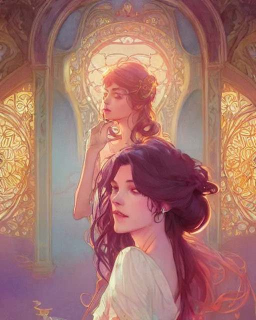 Image similar to secret romance, highly detailed,, gold filigree, romantic storybook fantasy, soft cinematic lighting, award, disney concept art watercolor illustration by mandy jurgens and alphonse mucha and alena aenami, pastel color palette, featured on artstation