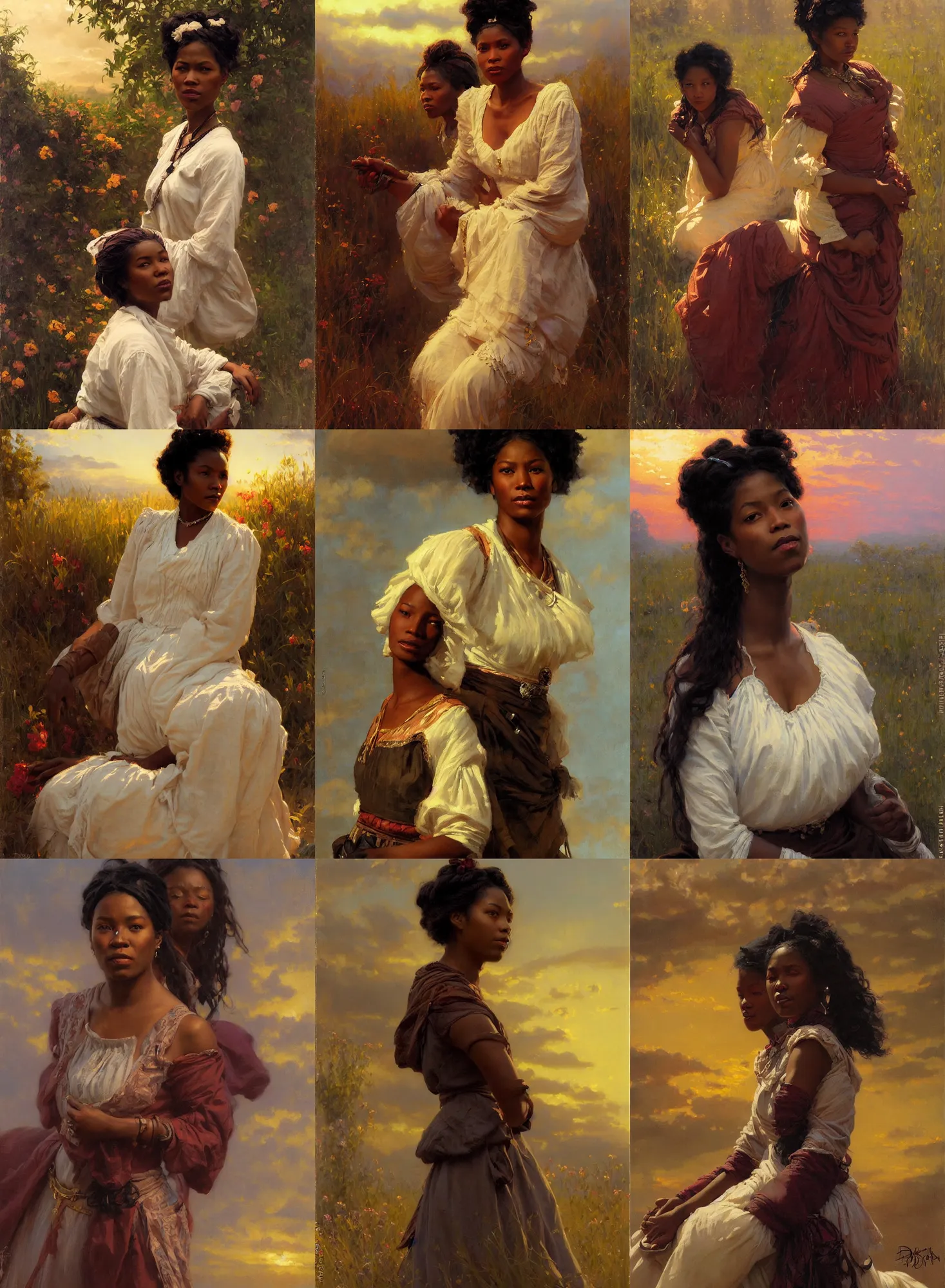 Prompt: fantasy portrait of philipinian asian black woman in victorian interior. clouds on the field at sunset light. painting by Darrel K Sweet. Daniel F Gerhartz. Jeremy Lipkin. Hildebrandt Brothers.