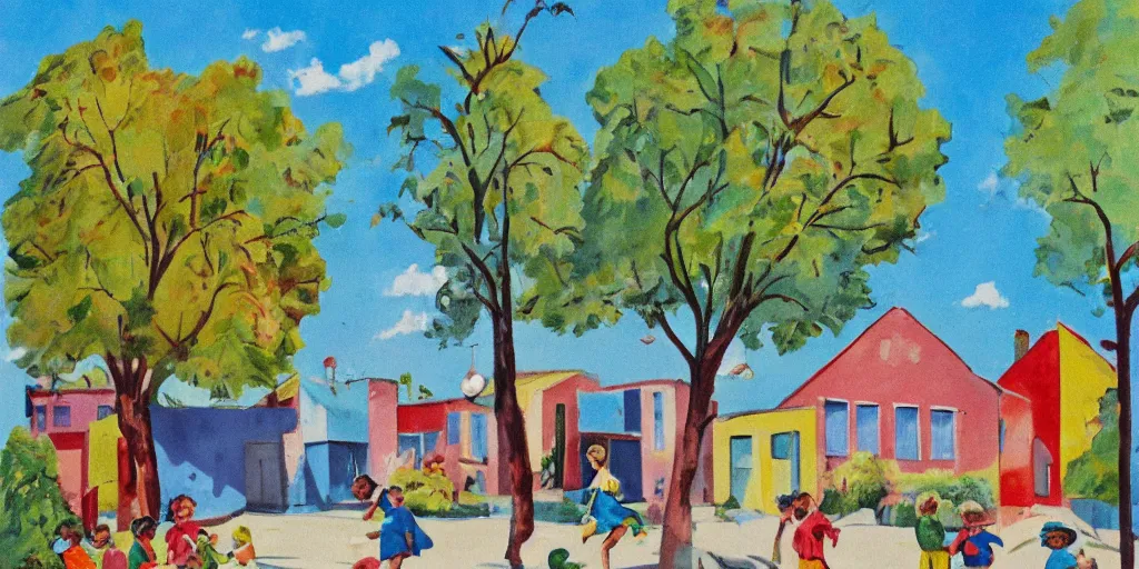 Prompt: 1 9 4 0 s corner of a concrete row house, painted in bright colors, children playing on the street, trees, blue sky, sunny day
