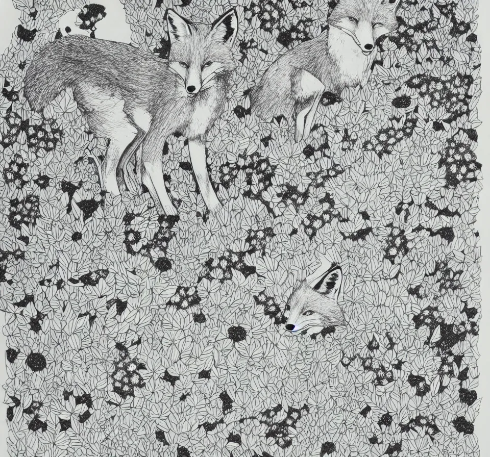 Image similar to fox playing in tranquillity garden black ink drawing by james jean very detailed high contrast xuan paper lush background