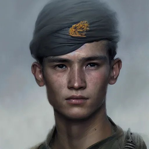 Image similar to a dramatic epic ethereal portrait of a Vietnam War soldier, young male, detailed face, cinematic lighting, highly detailed oil on canvas painting by Greg Rutkowski, winning-award digital art trending on Artstation H 1024 W 832