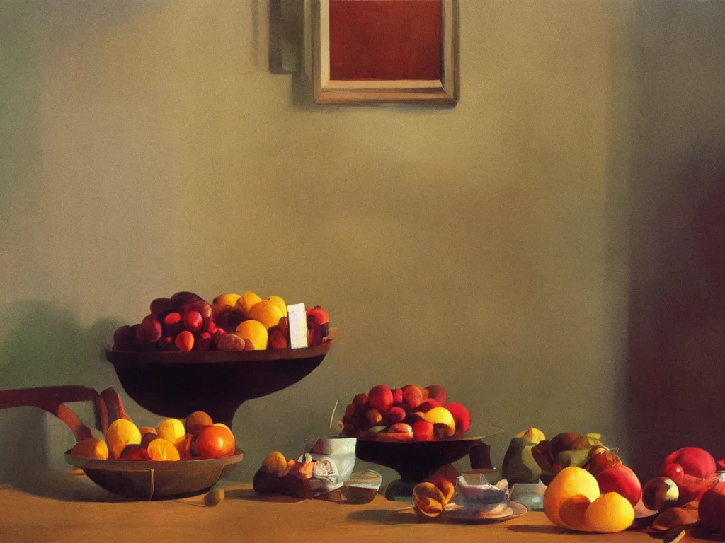 Image similar to 70s living room table with fruit basket, fine art, still life, the shinning stanley kubrick, god ray, cinematic, realistic, detailed, close up, volumetric lighting, painting in the style of Edward Hopper