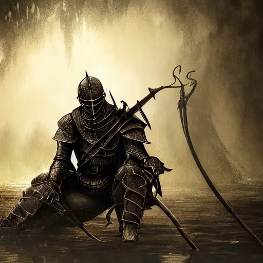 Image similar to fume knight boss from dark souls 2 sitting near a tent, evening time, heavy rain, rain water reflections in ground, digital illustration, crisp details, highly detailed art, 8k image quality, full body camera shot