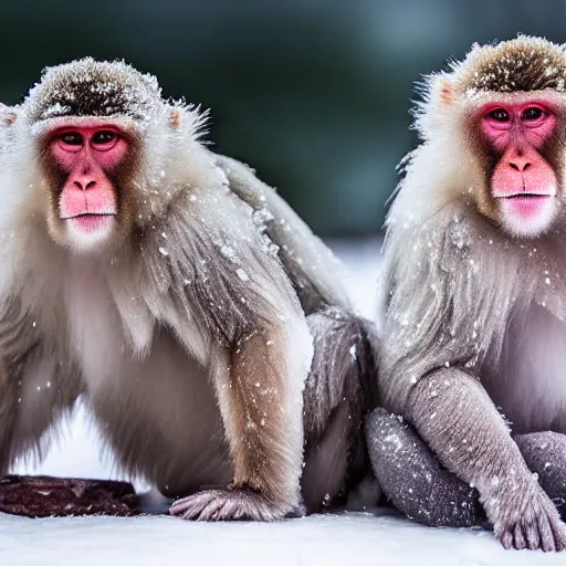 Prompt: portrait of snow monkeys, highly detailed, snow flurry, cold, steamy, ultrarealistic, 8K, UE5