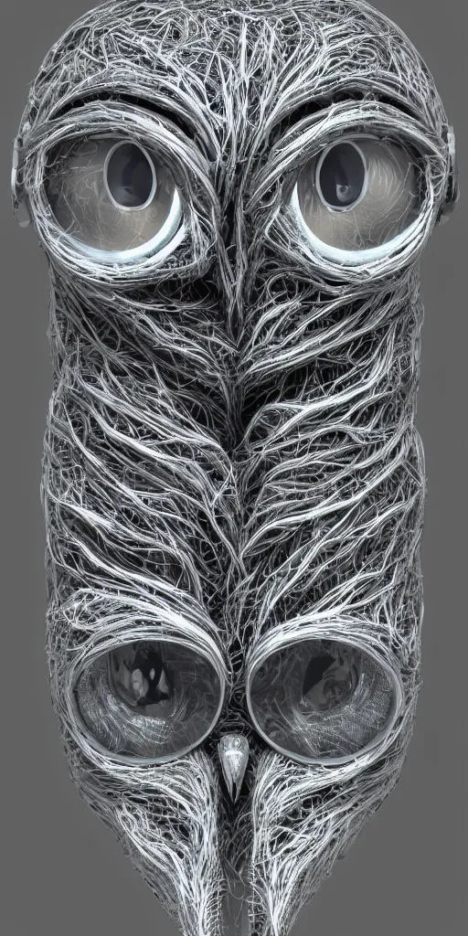 Image similar to cybernetic owl. portrait. complex shape. highly detailed. octane render. 8 k. monochrome. cinematic.