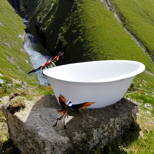 Prompt: dragonfly in a bathtub in the alps, big goat in the background