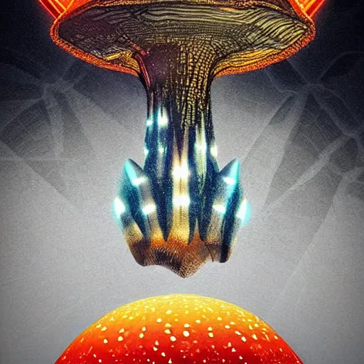 Image similar to mushroom ufo logo on black background, 3d, trippy glitched digital art, artstation, cgsociety