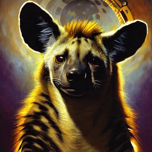 Image similar to a portrait of a hyena hyenaman canine star trek in a starfleet uniform chief engineer. highly detailed painting by gaston bussiere craig mullins jc leyendecker gustav klimt artgerm greg rutkowski furry