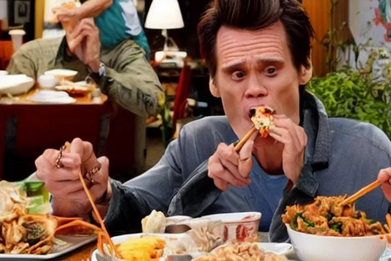 Prompt: hilarious photo of Jim Carrey eating Chinese food, highly detailed