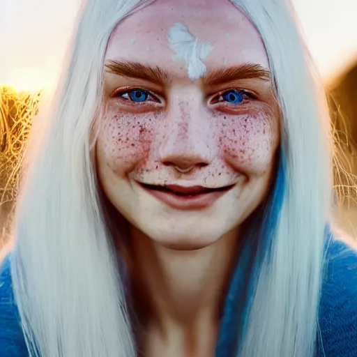 Prompt: beautiful hyperreal photo of a cute woman smiling softly, long white hair and bangs, a few cute freckles on cheeks and nose, blue eyes, very detailed face, by irakli nadar and juan francisco casas, golden hour, soft focus, 8 k, portra 4 0 0