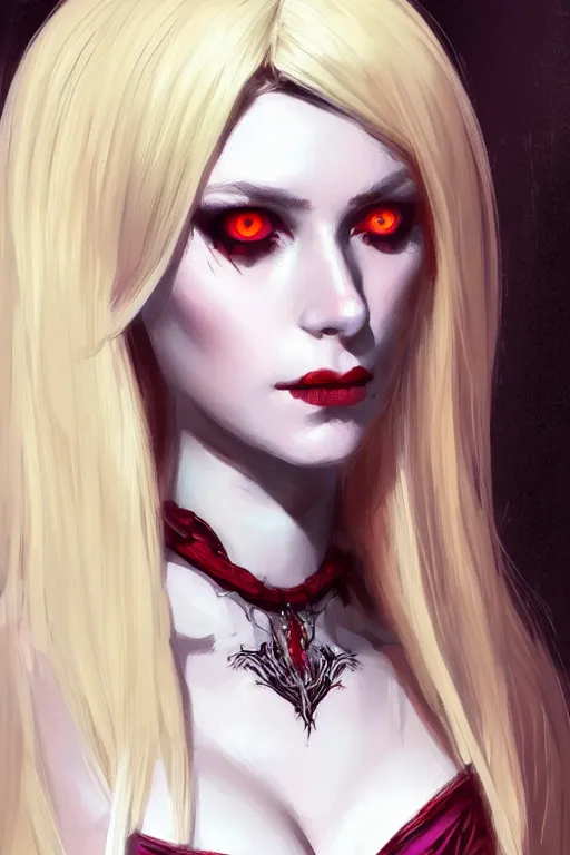 Image similar to Portrait of seductive female necromancer, D&D, revealing stylish dress, red eyes, dark eyeshadow, choker on neck, long blonde hair, mouth slightly open, slight nerdy smile, fantasy, intricate, elegant, highly detailed, digital painting, artstation, concept art, smooth, sharp focus, illustration, art by artgerm and greg rutkowski and alphonse mucha