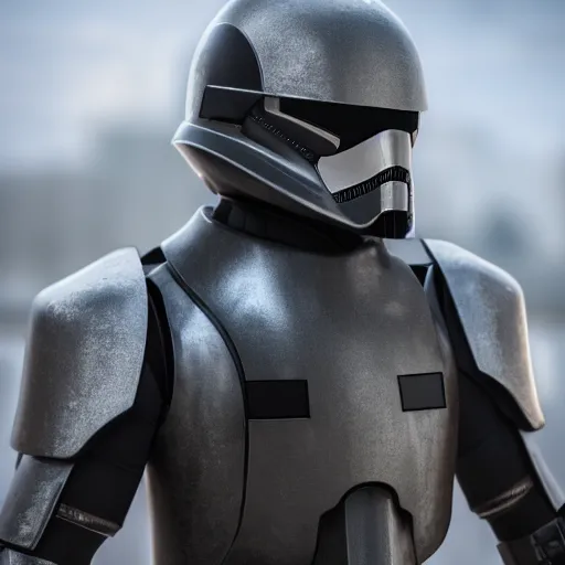 Image similar to a black armored stormtrooper, 8 k, cinematic lighting, shallow depth of field, raytracing,