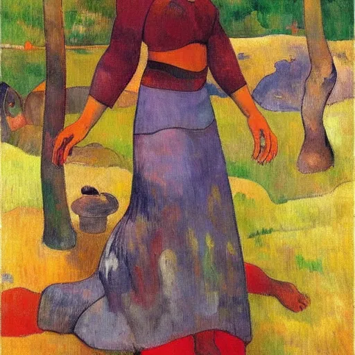 Image similar to very attractive and sensuous central asian woman realistic, full body, natural style by paul gauguin