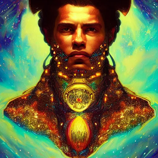 Image similar to portrait of a cosmic god, suit made out of stars and galaxies and cosmic energy, intricate, headshot, highly detailed, digital painting, artstation, concept art, sharp focus, cinematic lighting, illustration, art by artgerm and greg rutkowski, alphonse mucha, cgsociety