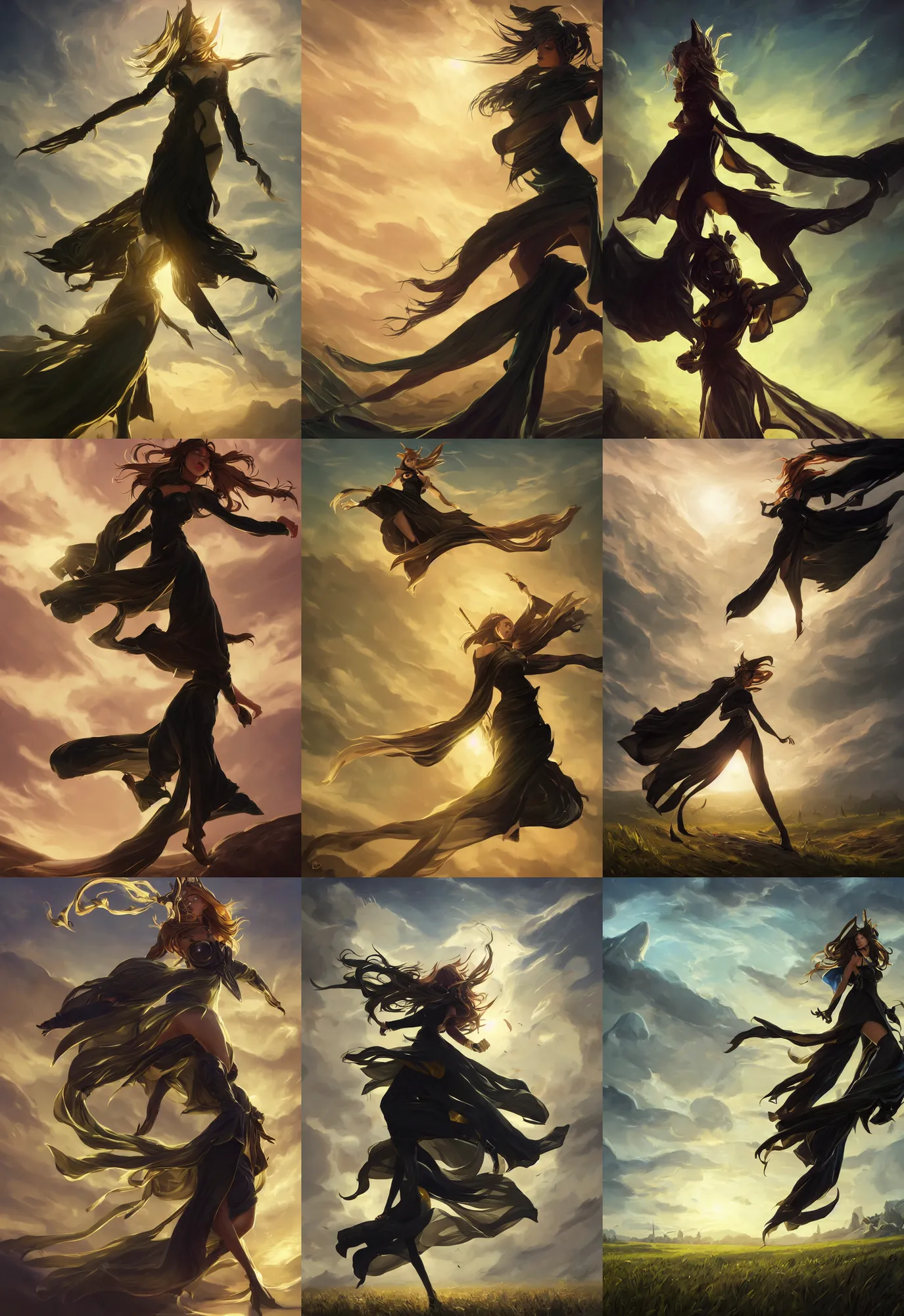 Prompt: league of legends and warframe art, single levitating girl in black yellow oragnge maxi dresses between clouds above green fields in sunset light, big long cloth on the wind, close up portrait, elegant, intricate, digital painting, artstation, concept art, golden hour, epic composition, smooth, sharp focus, illustration, art by ed mell and Daniel F. Gerhartz and Jacek Malczewski and gustav klimt, Tibor Nagy