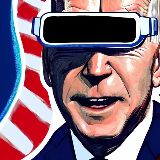 Prompt: : president biden wearing vr goggles, digital art, illustration, art station