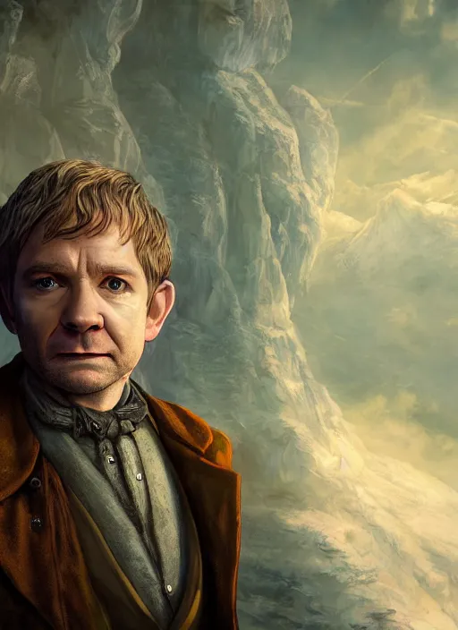 Prompt: A fantasy comic book style portrait painting of Martin Freeman as a hobbit mage in a stunning fantasy fortress, unreal 5, DAZ, hyperrealistic, octane render, RPG portrait, dynamic lighting