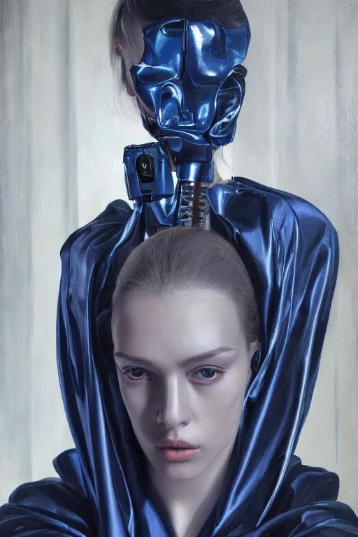 Prompt: hyperrealism oil painting, complete darkness, close - up portrait of fashion model, some part of face are sci fi implants, fully clothes in dark blue reflect robe, in style of classicism mixed with 8 0 s sci - fi japanese books art