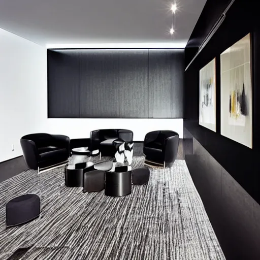 Prompt: “extravagant luxury apartment interior design, in Sydney, by Tadao Ando and Koichi Takada, art, black walls”