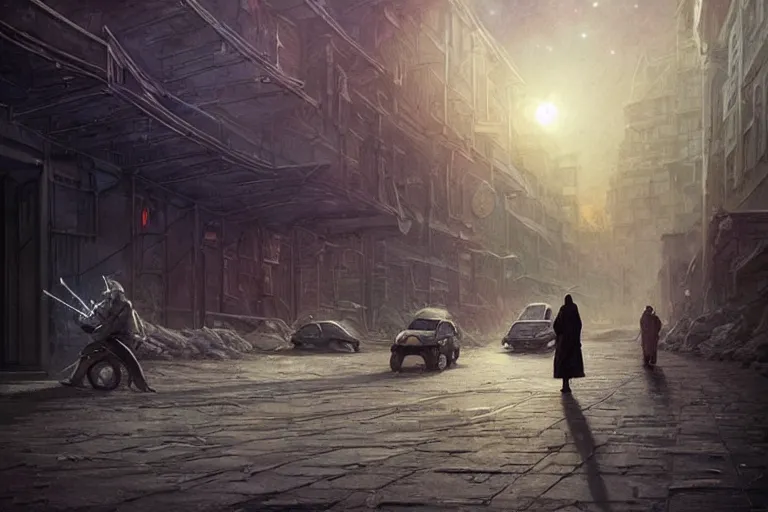 Prompt: lonely on the streets of Russian commie blocks on the Moon city, Norilsk, sci-fi, fantasy, earth seen on the dark sky, intricate, very very beautiful, elegant, highly detailed composition, digital rendering, artstation, concept art, smooth, sharp focus, illustration, art by artgerm and greg rutkowski and alphonse mucha