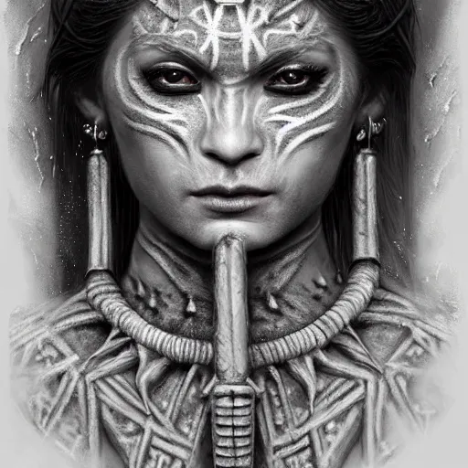 Prompt: Closeup of realistic asian Sumerian Death Goddess chalk skin etched with runic icons + mystical symbols, with small bleached bones covering vest and flowing electricity and smoke , fantasy, intricate, elegant, highly detailed, digital painting, artstation, concept art, matte, sharp focus, illustration, ghostbusters poster, art by Artgerm and peter mordenbacher