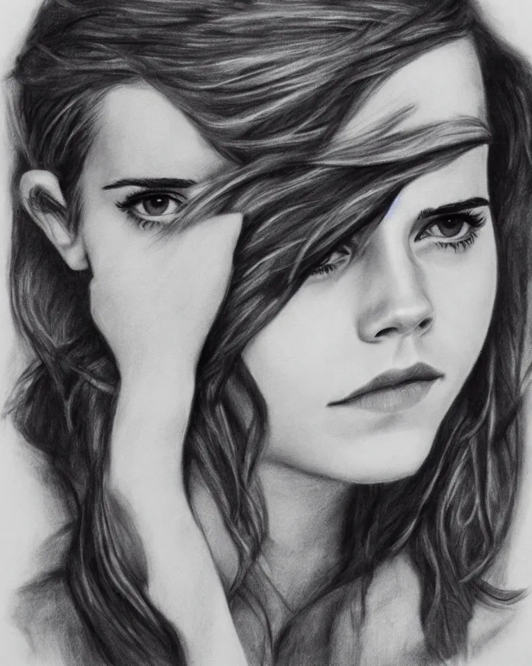 Image similar to emma watson, charcoal drawing, highly detailed