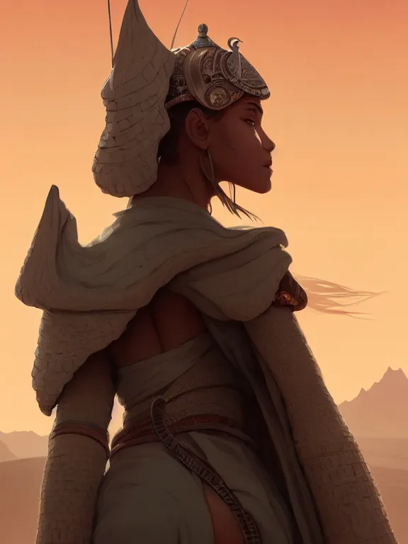 Prompt: close up picture of a cute robe girl and big knight colosuss, crossing the desert, beautiful and aesthetic, detailed face, intricate, highly detailed, smooth, sharp focus, trending on artstation, art by mika pikazo and ilya kuvshinov and rembrandt and greg rutkowski, fantasy illustration