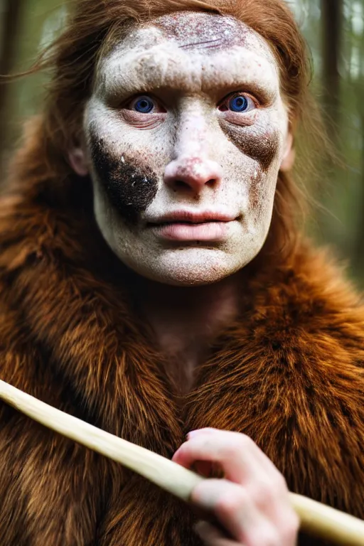 Image similar to a professional portrait photo of a gentle strong neanderthal woman in the forest in winter holding a spear, freckles and mud on face, black stripe painted side to side across her eyes, ginger hair and fur, extremely high fidelity, natural lighting,