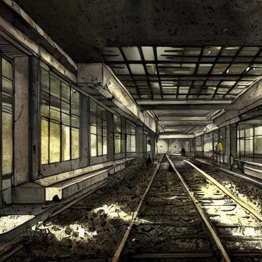 Image similar to an abandoned post apocalyptic subway station with an old decaying train, overgrown, sunlight, concept art, award winning