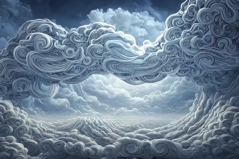 Prompt: a huge flock of many elaborate intricate smooth sculptural whirling elegant clouds puffy filigreed twisting turning cloud sculptures, tornadoes, art nouveau apocalypse environment, soothing, crepuscular, award winning art, epic dreamlike fantasy landscape, ultra realistic,