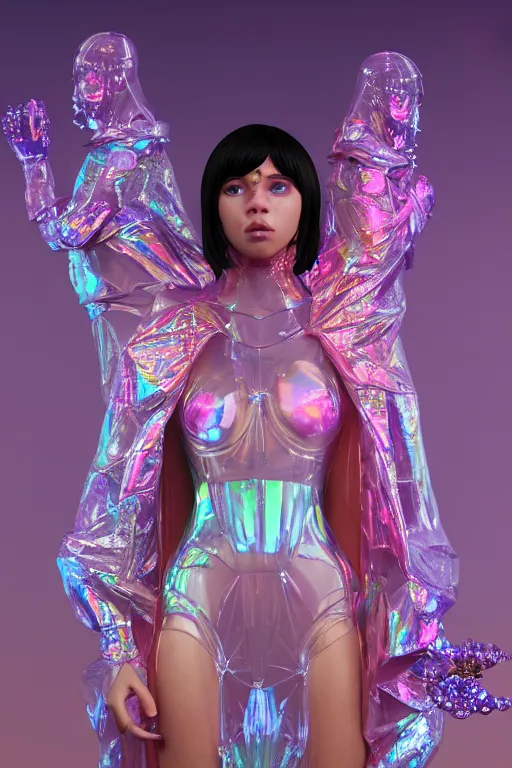 Prompt: hyper detailed ultra sharp fullbody photo of baroque and cyberpunk transparent pink gem sculpture of a friendly lil miquela, iridescent humanoid deity wearing pink plastic seethrough cloak, holding a rainbow tiger gem, blue diamond, glowing pink face, crown of white diamonds, cinematic lighting, photorealistic, octane render 8 k