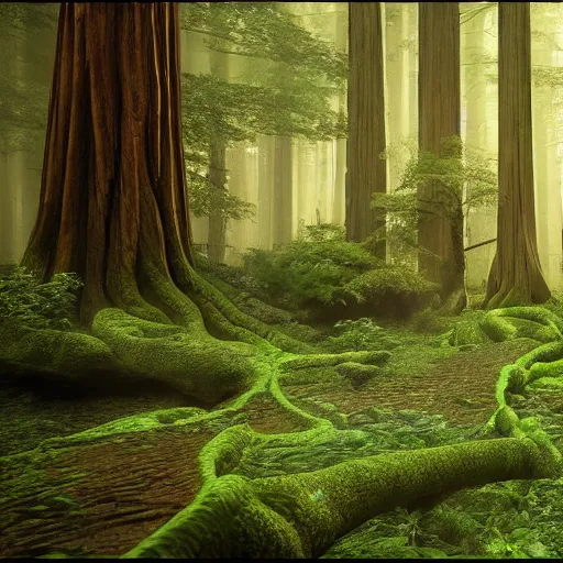 Image similar to enchanted magical illumined twisty swirly watery ( next level ) giant redwood forest. spells. runes. 8 k. uhd. octane render. highly elegant, detailed. harmonic composition. epic composition. hd.