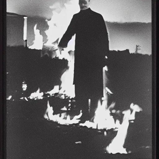 Image similar to photograph of a small protestant church burning, john paul ii standing in front of it, night, pitch black