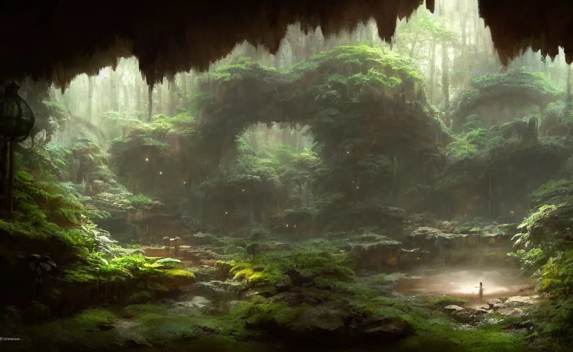 Image similar to painting of an interior of a hidden japanese hotspring in a small cave, fantasy, lush plants and flowers, natural light, concept art, by greg rutkowski and craig mullins, cozy atmospheric and cinematic lighting, trending on artstation