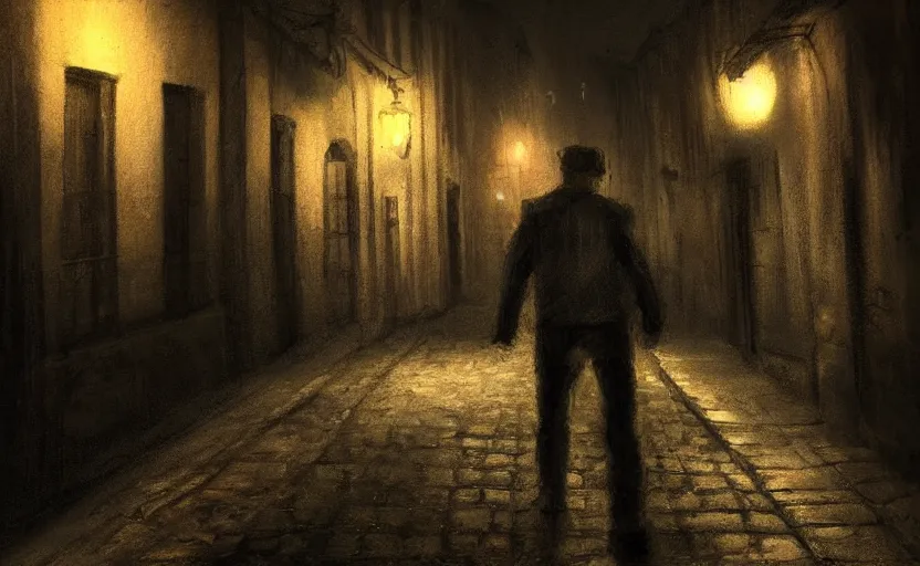 Prompt: dim lit, dark alley street with a man walking, depth of field, very atmospheric, painting inspired from artstation