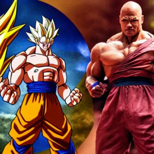 Prompt: photo of a live - action dragon ball z movie featuring dwayne johnson as nappa