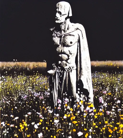 Image similar to mystical black death god figure standing in tall meadow of flowers, film photo, grainy, high detail, high resolution