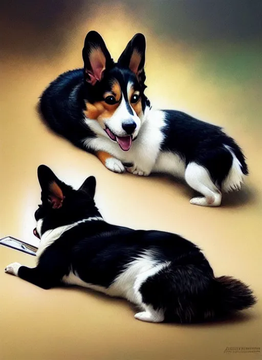 Prompt: ein the corgi playing with a tuxedo cat, intricate, elegant, hyper detailed, ultra definition, photoreal, artstation, unreal engine rendered, concept art, smooth, sharp focus, illustration, art by artgerm and greg rutkowski and alphonse mucha and garis edelweiss