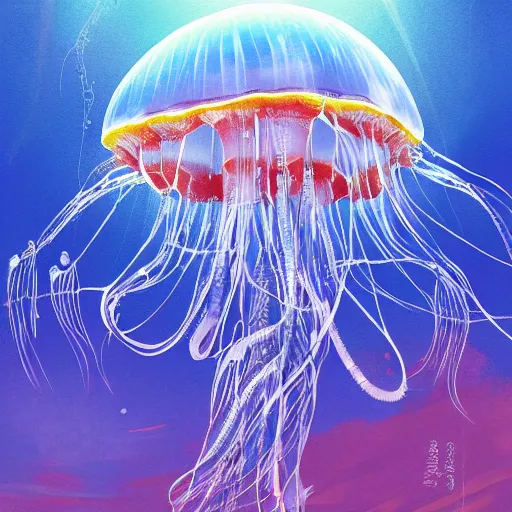 Prompt: ilya kuvshinov and katsuhiro otomo style jellyfish in a bright ocean, deep focus, fantasy, intricate, elegant, highly detailed, digital painting, artstation, concept art, matte, sharp focus, illustration