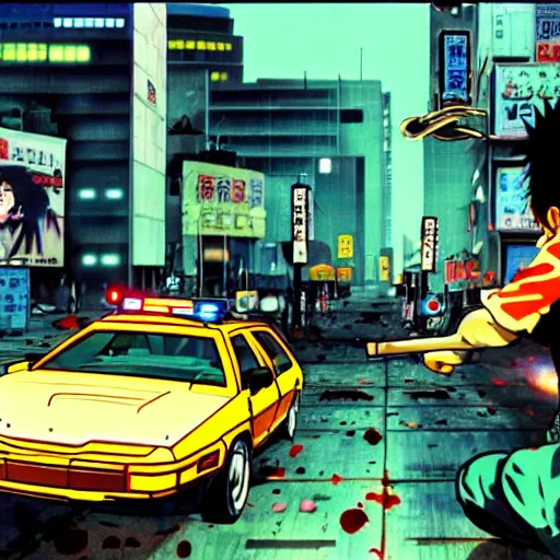 Image similar to 1993 Video Game Screenshot, Anime Neo-tokyo bank robbers vs police shootout, bags of money, Police Shot, Violent, Action, MP5S, FLCL, Highly Detailed, 8k :4 by Katsuhiro Otomo + Studio Gainax + Arc System Works : 8